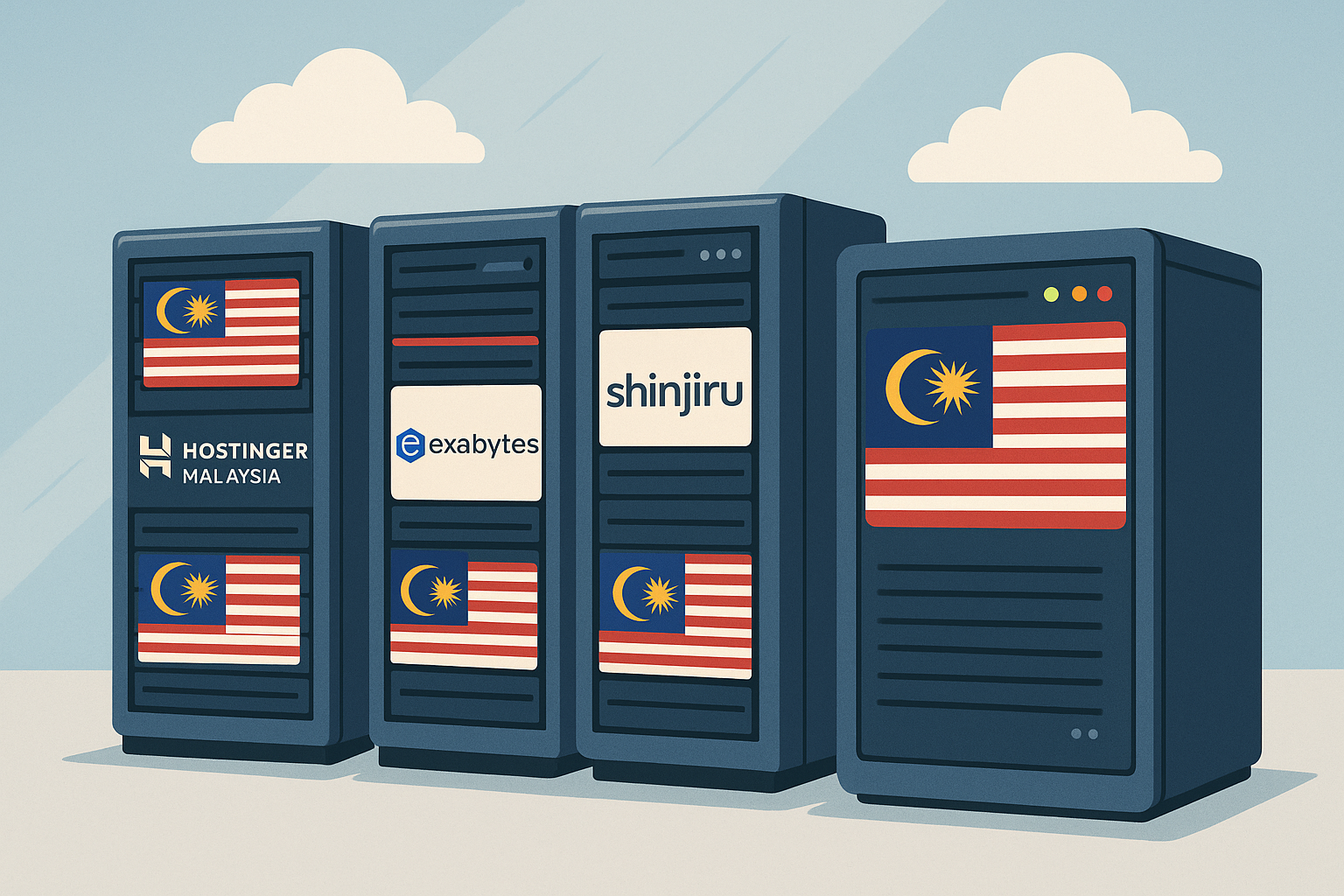 Illustration of Malaysian web hosting providers, depicting servers with Malaysian flags and logos of top hosts like Hostinger Malaysia, Exabytes, and Shinjiru, highlighting reliability and local server advantages.
