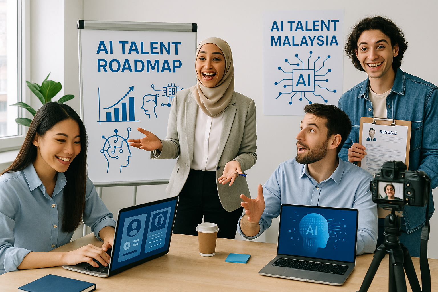 A dynamic scene showcasing AI talent development and rapid industry adoption in Malaysia, featuring diverse professionals working with AI technologies, training sessions, and recruitment activities, emphasizing the AI Talent Roadmap and workforce expansion.
