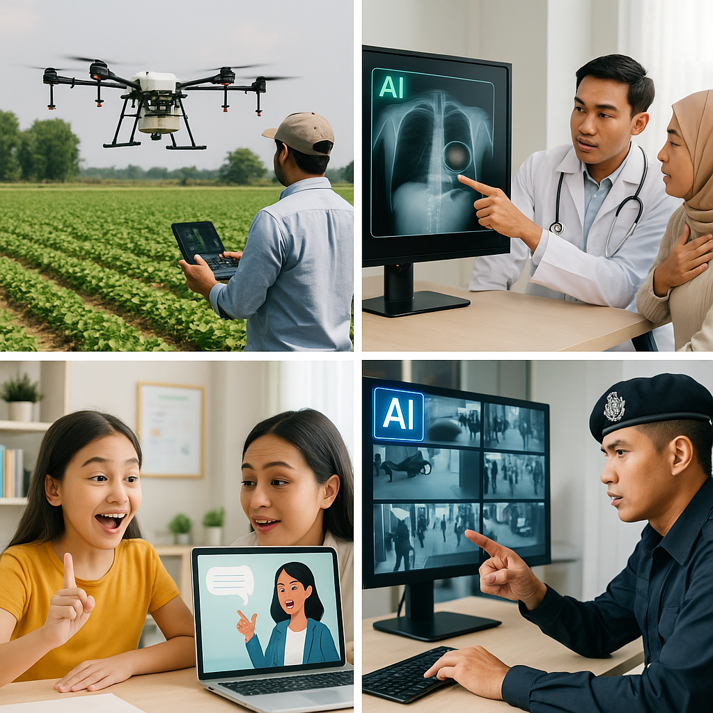 A montage of real-world AI application pilot projects in Malaysia, including drone technology in agriculture, AI-assisted healthcare diagnostics, personalized AI tutors in education, and advanced AI in national security, symbolizing practical AI benefits and ethical governance.