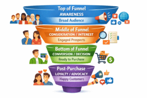 An illustrated marketing funnel diagram showing the four core stages: Top of Funnel (Awareness) with broad audience icons, Middle of Funnel (Consideration/Interest) with thoughtful prospects, Bottom of Funnel (Conversion/Decision) with buyers making a purchase, and Post-Purchase (Loyalty/Advocacy) with happy customers promoting the brand.